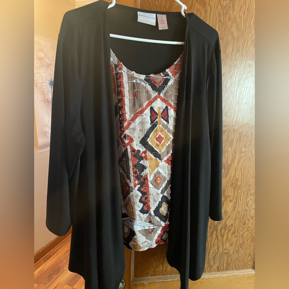 Alfred Dunner Black Cardigan with Geometric Multicolor Pattern